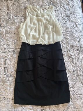 Signature Ivory Beaded-Neck Bodice with Black Tiered Skirt Dress